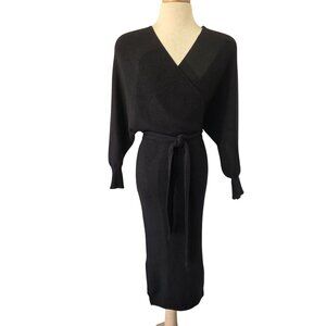 Mable Black Rib Knit Sweater Wrap Midi Dress M/L